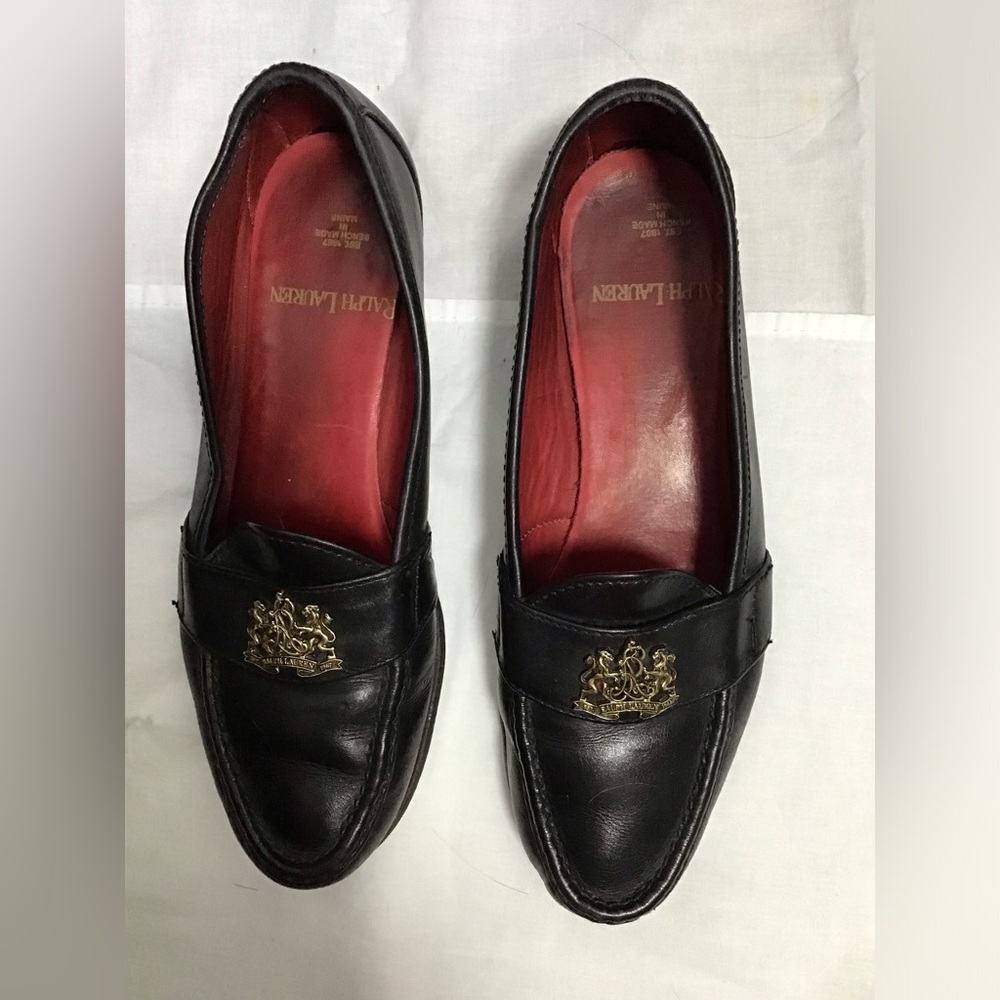 Vintage Ralph Lauren Black Leather Loafers Gold Crest Benchmade in Maine USA 8.5
